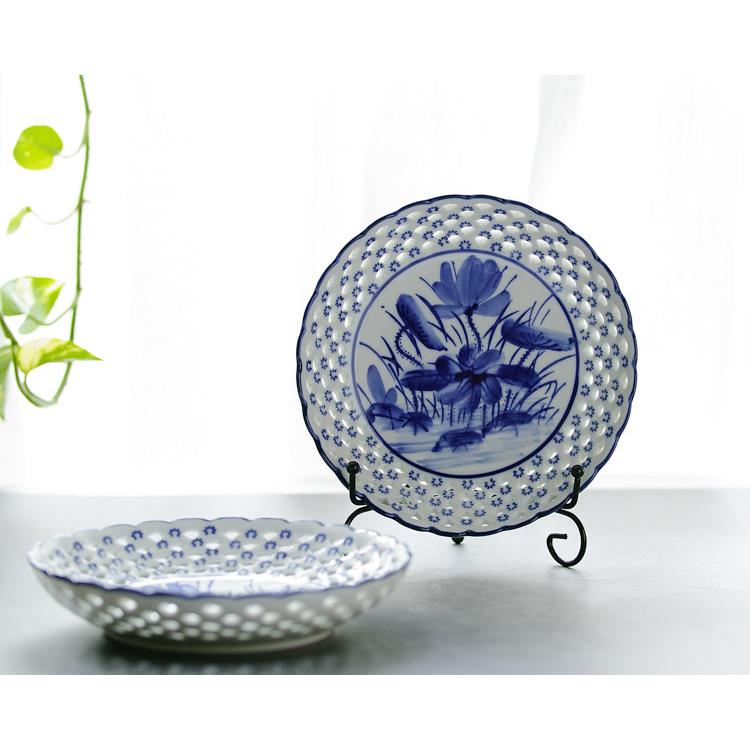 中式陶瓷手绘青花镂空圆形家用餐盘果盘点心盘装饰品客厅餐厅摆件