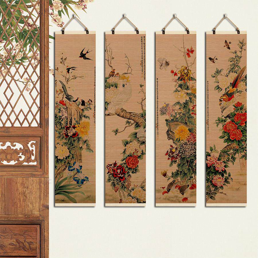 花鸟四联单幅挂画新中式竹片帘子卷轴书房民宿茶室客厅装饰画背景