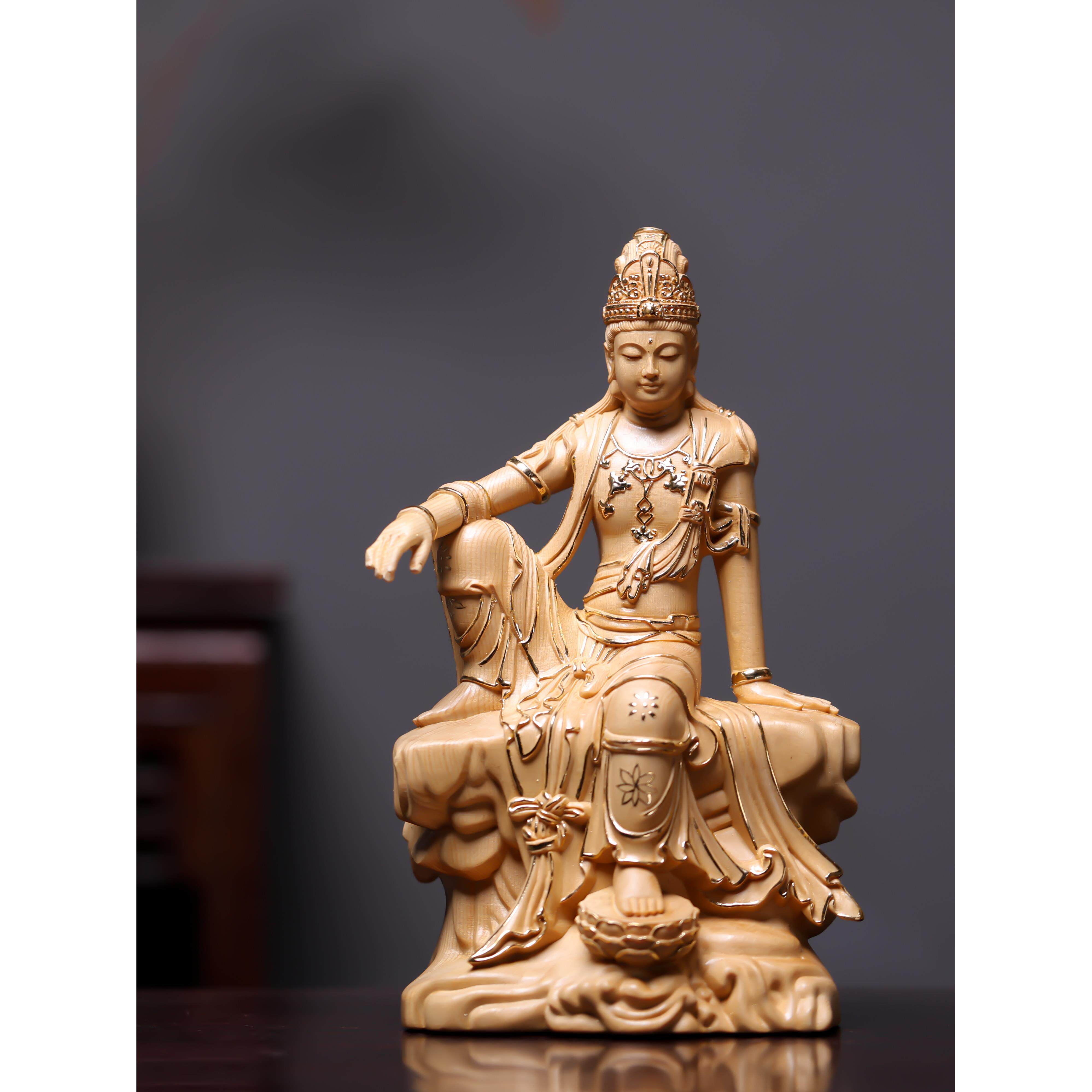 描金桧木精雕刻水月自在观音菩萨佛像家用寺庙供奉神像家居摆件