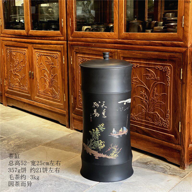 建水紫陶茶叶罐密封罐21饼直筒茶缸陶瓷茶缸家用圆筒普洱茶储存罐