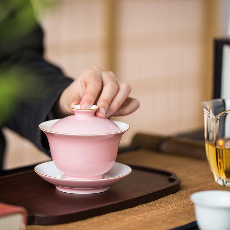 景德镇纯手工陶瓷盖碗粉色三才盖碗泡茶杯高温颜色釉祭红功夫茶具
