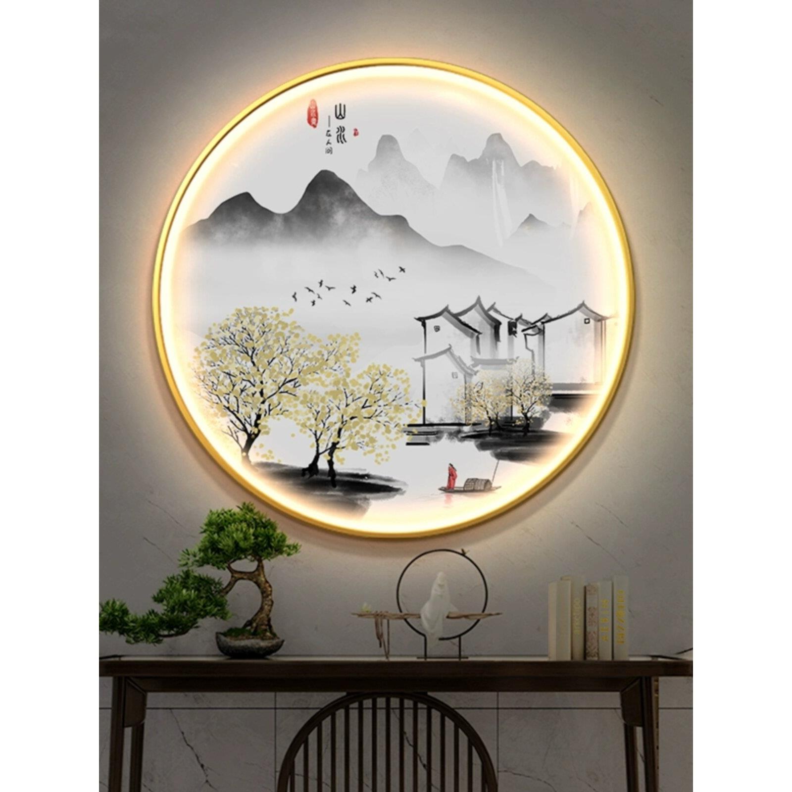 新中式玄关装饰画圆形茶室挂画大气山水壁画走廊过道水墨靠山国画