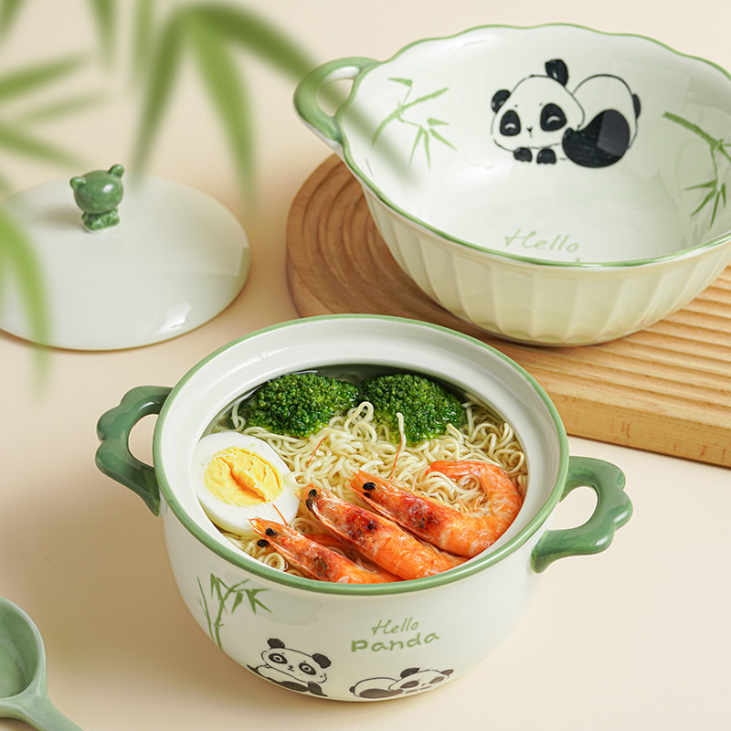 釉下彩泡面碗双耳带盖陶瓷家用碗单个学生宿舍创意汤碗拉面碗面碗,餐饮具,碗,淘宝优惠券,粉丝福利购,淘宝优惠卷