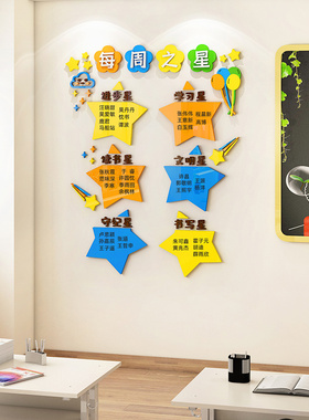 每周班级之星评比栏墙贴画3d立体小学教室黑板报布置装饰文化建设