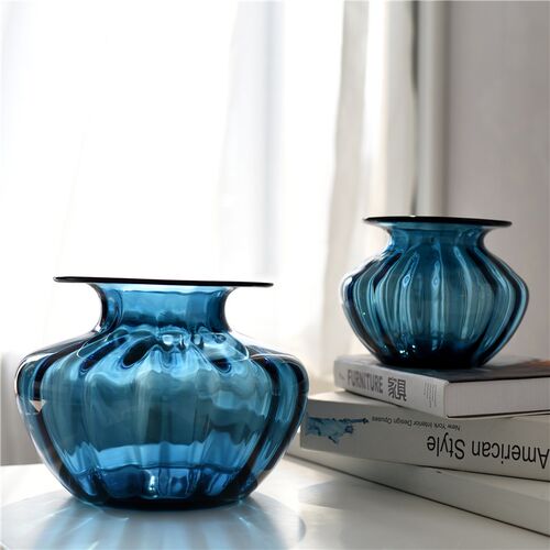 欧式巴洛克浮雕蓝色玻璃艺术花瓶客厅餐桌插鲜花样板间装饰品摆件