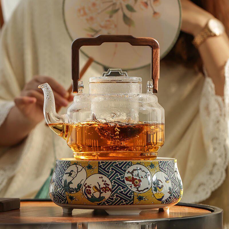 禾器玻璃煮茶壶胡桃木把雅韵壶耐高温提梁茶壶老白茶陈皮蒸煮两用
