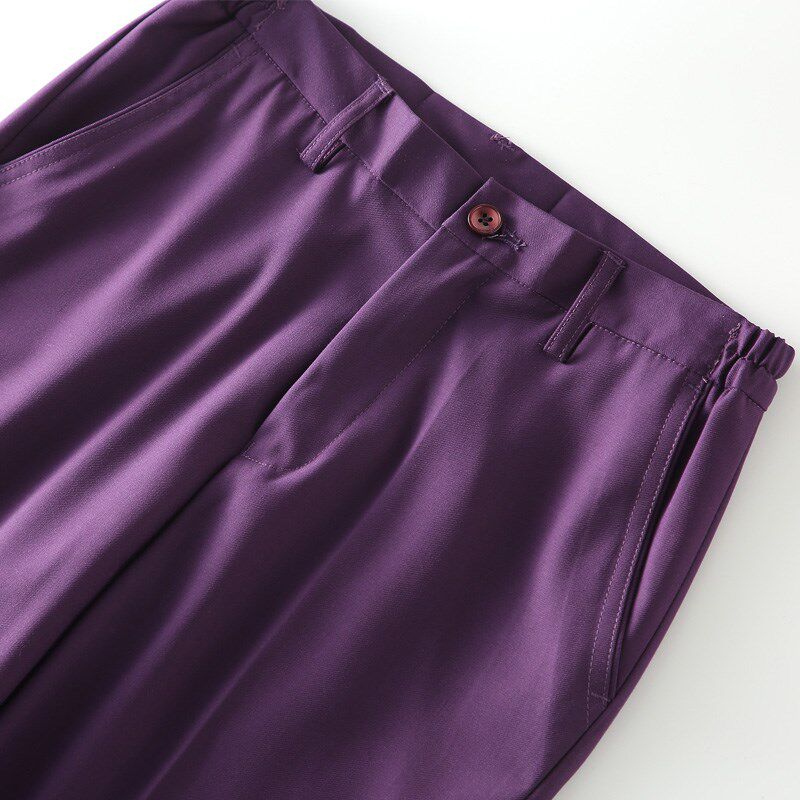 深紫色西裤女士修身长裤直筒职业4S店工作裤口袋松紧腰春秋款哔叽