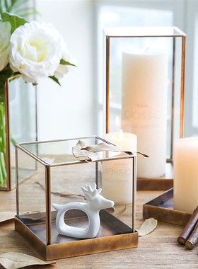 北欧复古铜框玻璃罩几何透明摆件铜边古董展示柜防尘罩样板房装饰
