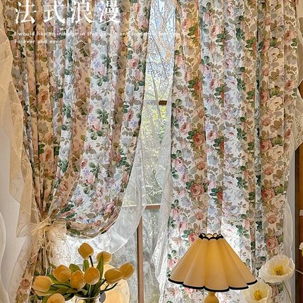 美式碎花棉布窗帘法式复古玫瑰庄园洛可可蕾丝半帘英式透光不透人