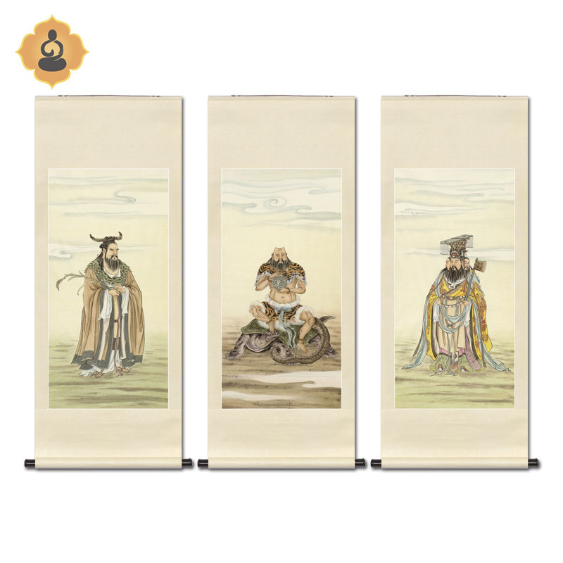 工笔上古神话人物国画三皇伏羲黄帝轩辕炎帝神农中式卷轴装饰挂画