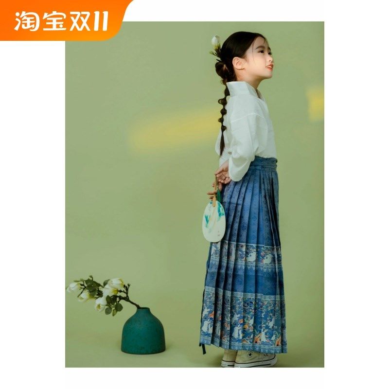 女童汉服马面裙水蓝色图腾兔小花斜领上衣女孩套装明制国风新中式,童装/婴儿装/亲子装,汉服,淘宝优惠券,粉丝福利购,淘宝优惠卷