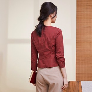布符新款修身t恤复古长袖上衣时尚洋气中式气质红色百搭女装