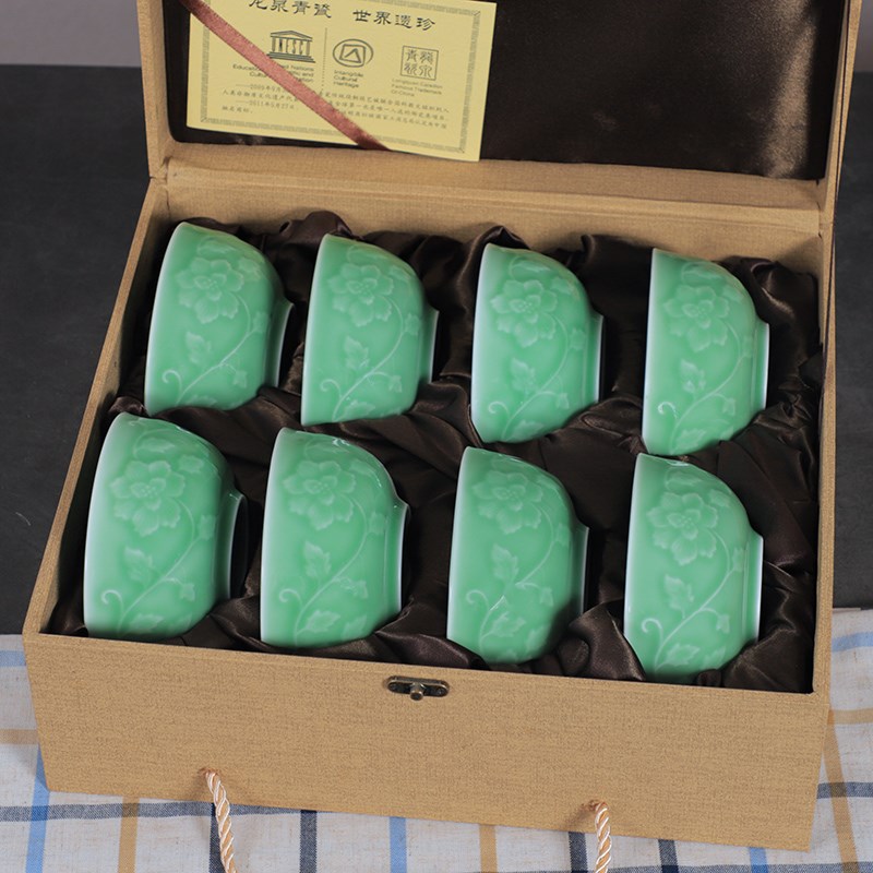龙泉青瓷米饭碗6/8/10个礼盒装陶瓷碗家用牡丹大小号碗高档乔迁礼