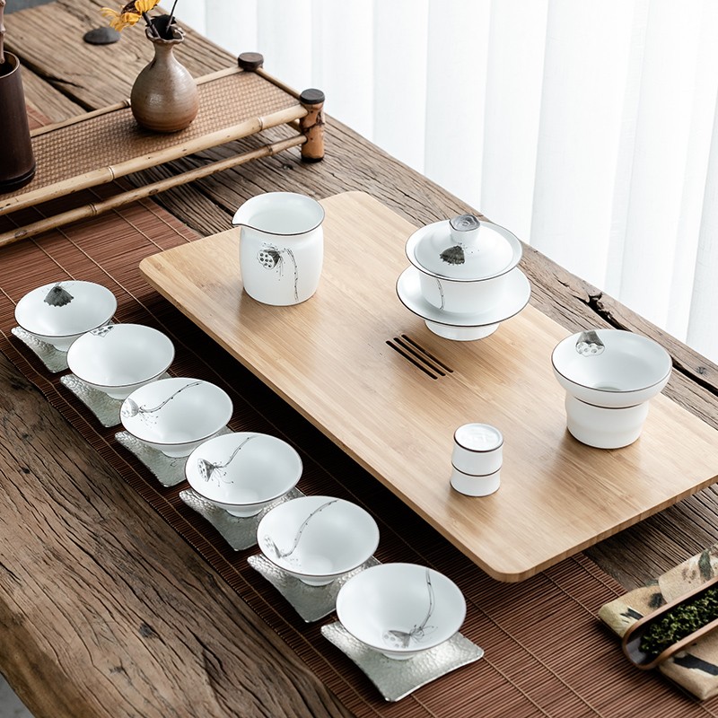景德镇陶瓷手绘功夫茶具套装白瓷整套茶杯盖碗家用简约办公室礼品