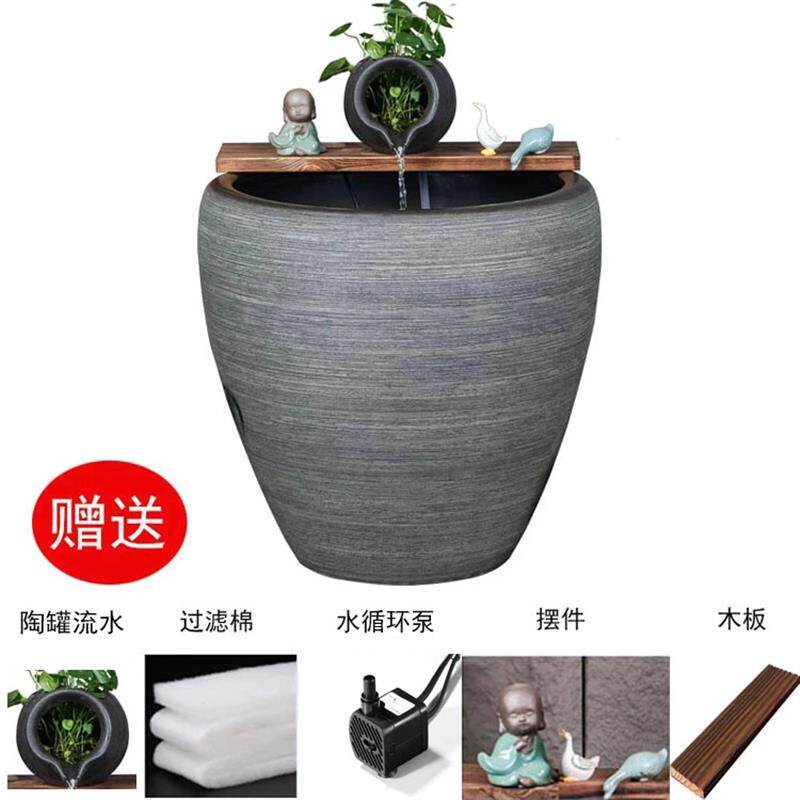 加高陶瓷大缸古法养鱼缸客厅阳台金鱼缸陶罐循环流水造景老式水缸