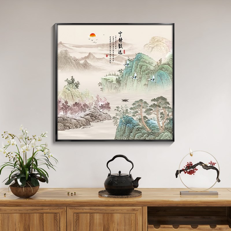 斗方方形流水生财风景山水画办公室挂画茶室壁画新中式玄关装饰画