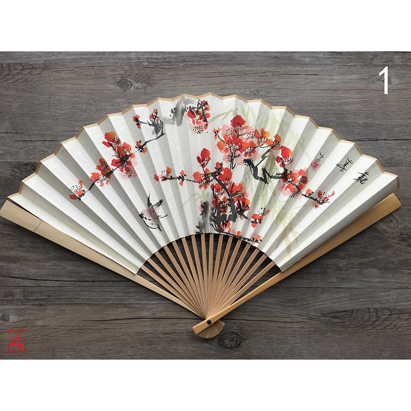 9寸95寸玉竹折扇配手绘花鸟梅花葡萄竹宣纸扇面古风文玩扇子玉骨