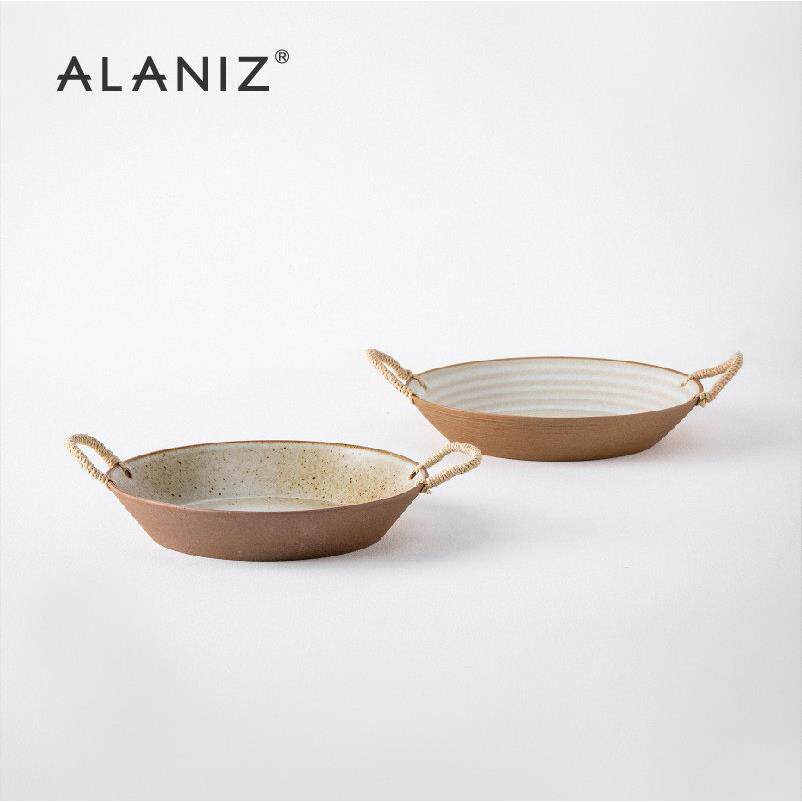 alaniz南兹景龙潭黄色螺纹麻绳双耳盘藤编陶瓷盘子汤盘家用餐具