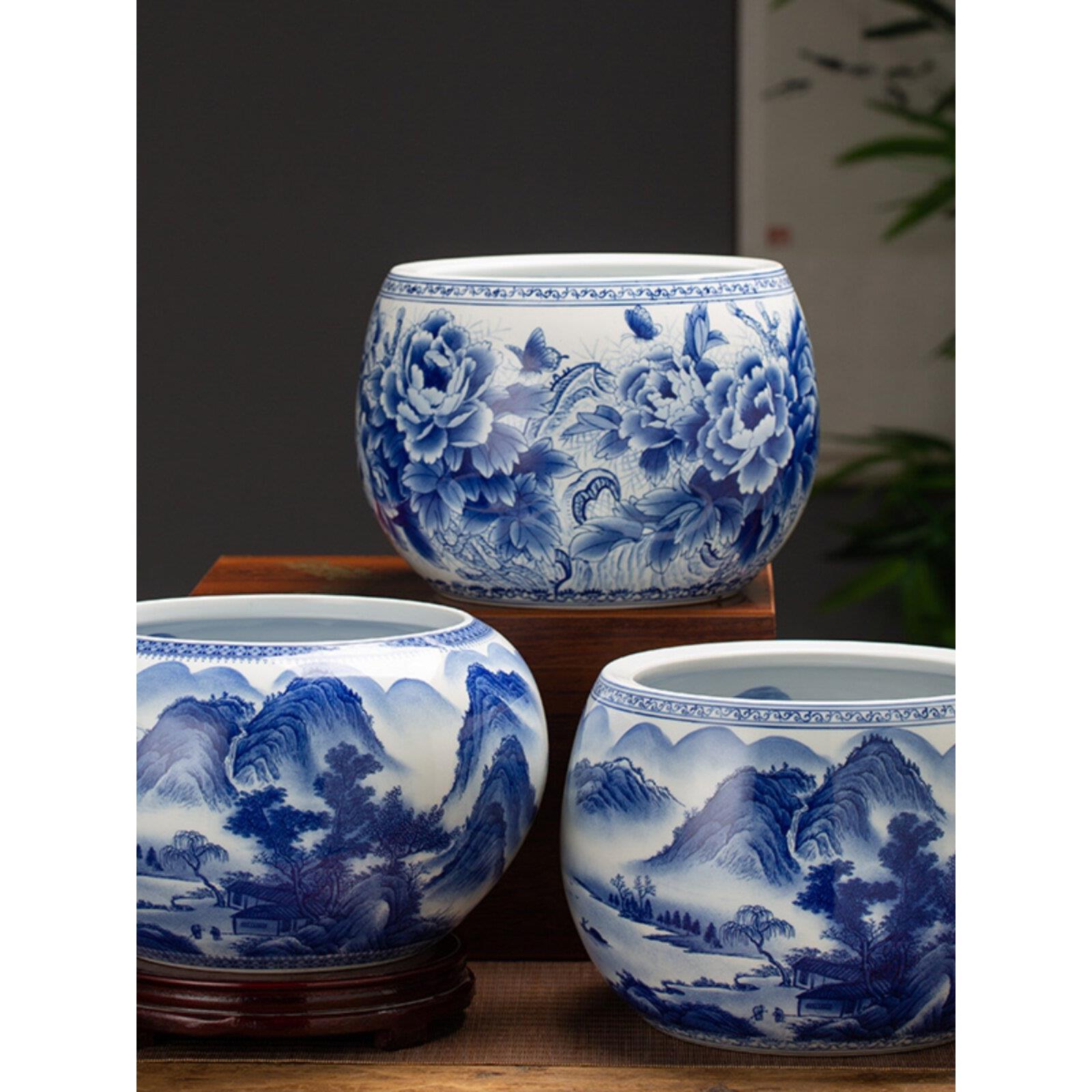 景德镇陶瓷手绘青花瓷聚宝盆客厅入口桌面中式装饰物吉祥鱼缸