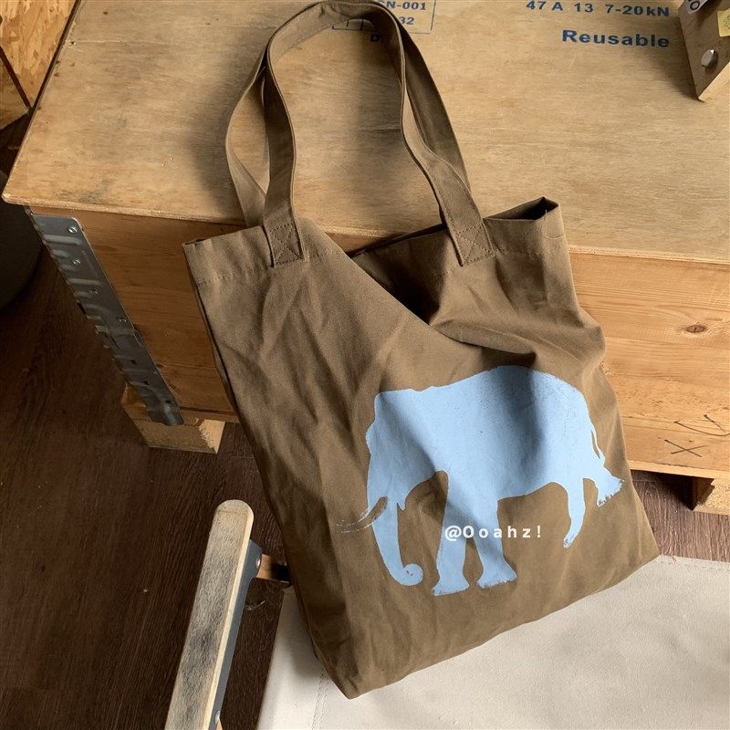 蓝色大象 咸菜棕小众设计韩国帆布包 松弛感可爱象百搭单肩购物袋