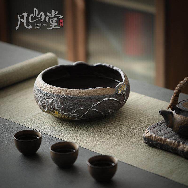粗陶鎏金复古大号茶洗水盂家用茶缸陶瓷茶具零配件洗杯碗