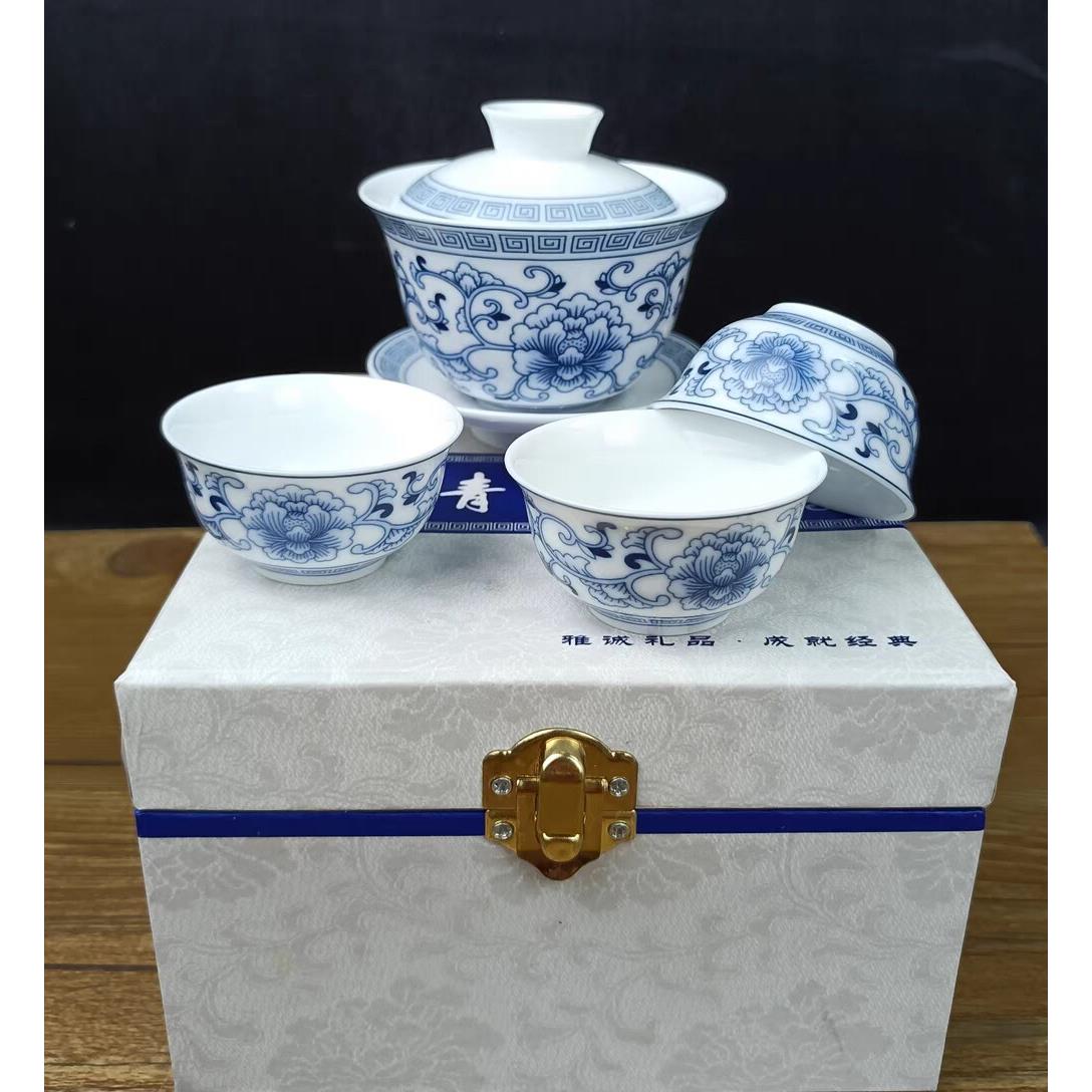 中式青花瓷功夫茶具配件泡茶盖碗雅诚潮州工夫茶具三才盖碗茶杯
