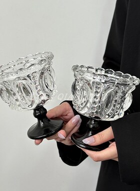 小众轻奢复古黑色水晶冰淇淋高脚杯高颜值浮雕甜品杯家用饮品杯子