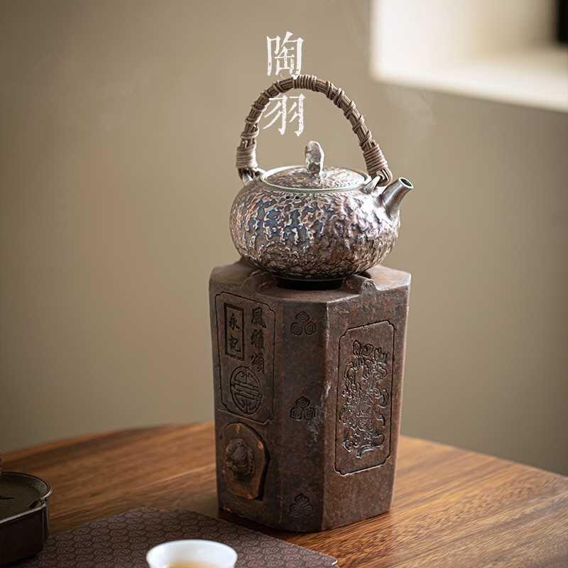纯银提梁茶壶家用烧水煮茶壶复古石纹鎏银养生手工泡茶器围炉煮茶