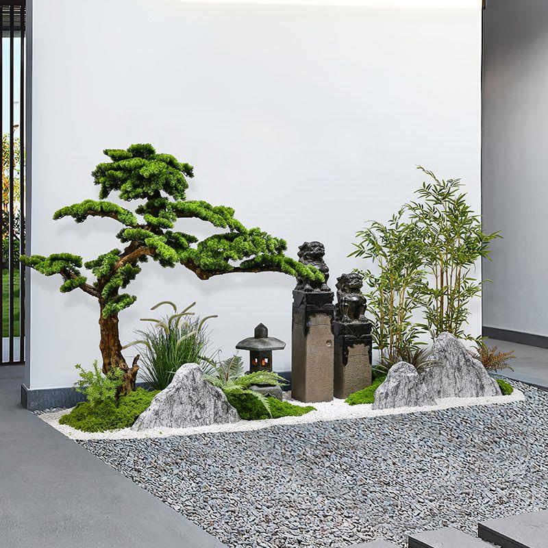 新中式室外摆件楼梯下造景装饰摆件仿真绿植迎客松假山枯山水景观