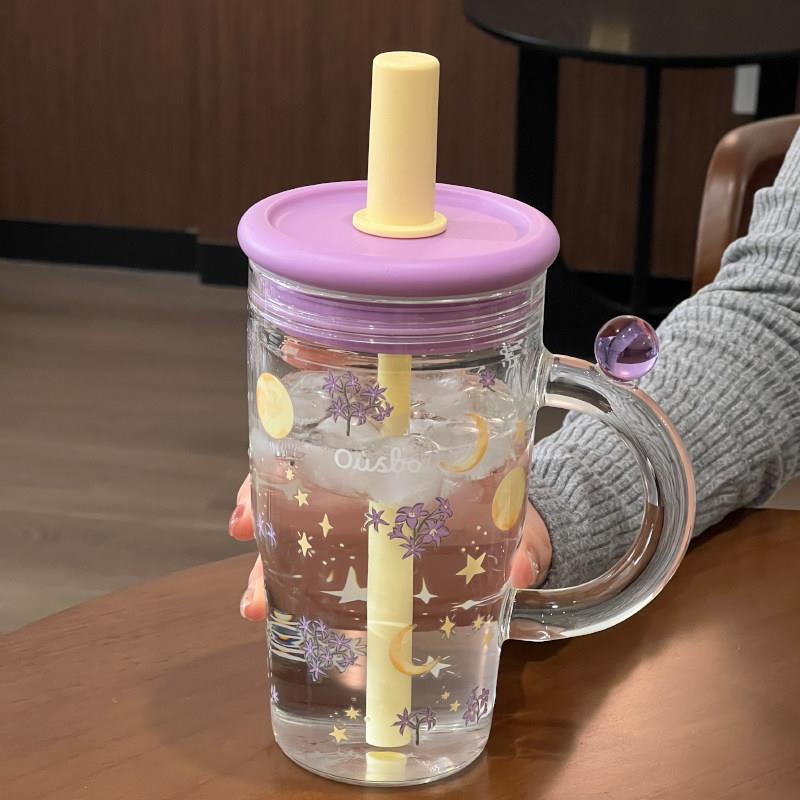 章鱼小姐的杯子花花玻璃杯女高颜值耐高温桌面杯新款大容量吸管杯