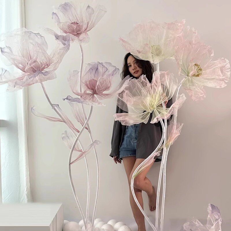 虞美人丝网花纸艺仿真花婚庆橱窗造景摆件场景装饰婚礼发光假花