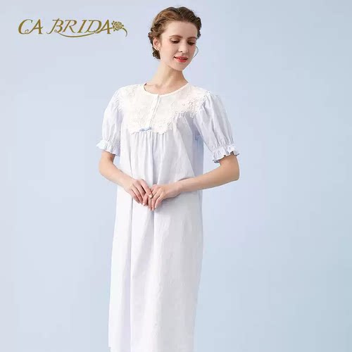 【奥莱瑕疵】CA BRIDA蕾丝精雕圆领提花棉布睡裙女CIS4B504C1