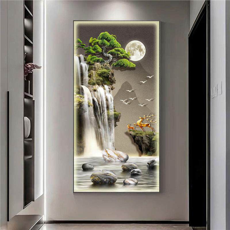 流水生财轻奢高端玄关画入户门装饰画新中式山水风景LED带灯壁画