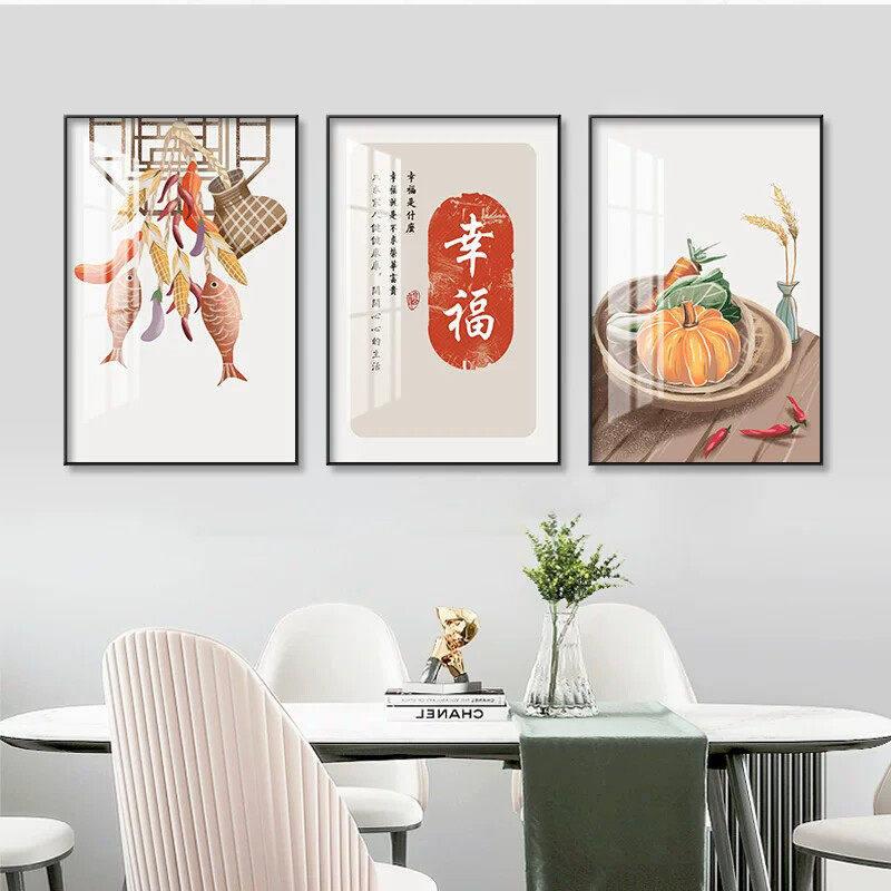 新中式三联餐厅装饰画中国风厨房壁画现代简约晶瓷画墙面装饰挂画