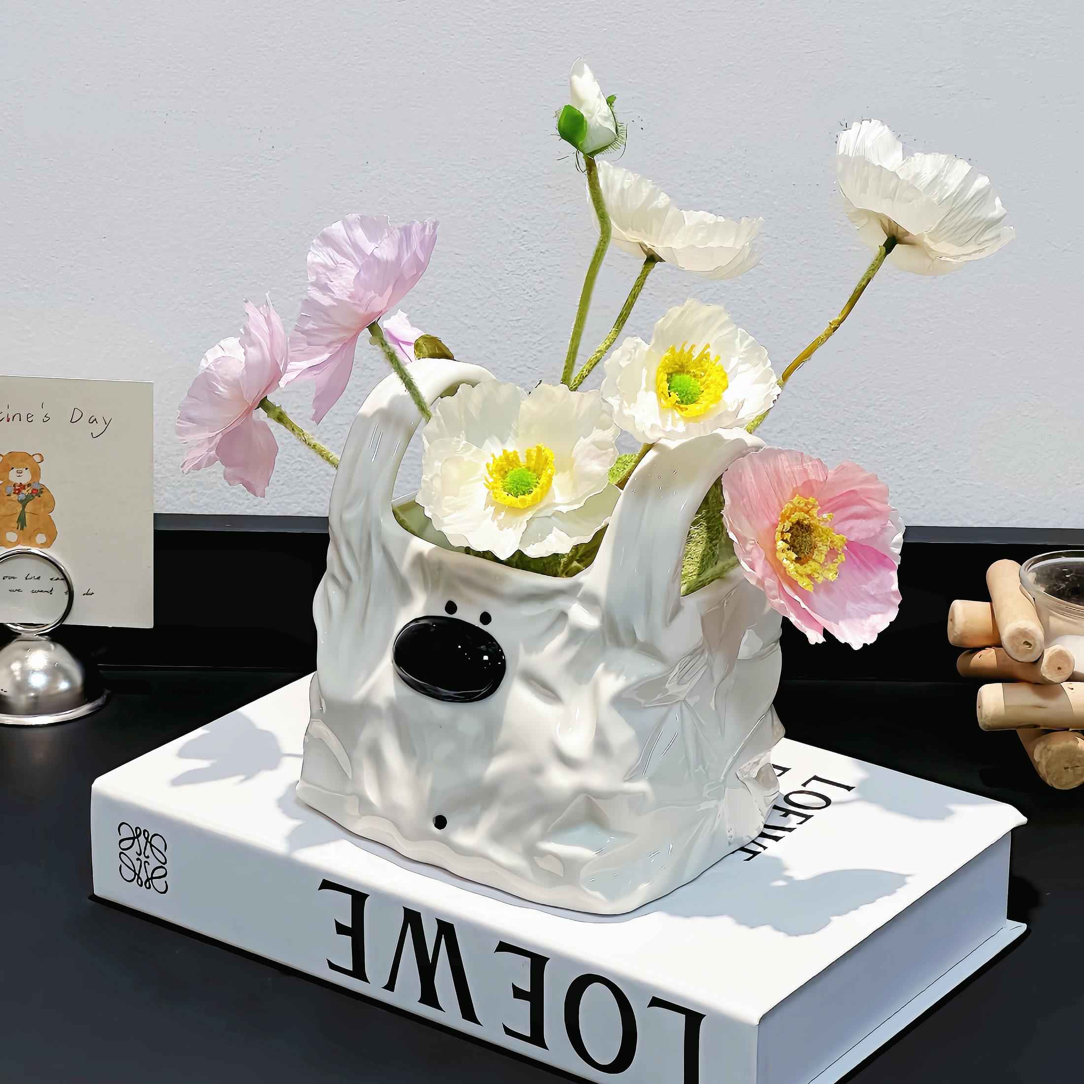 可爱小狗手提袋花瓶家用桌面装饰摆饰玄关鲜花彷真花插花陶瓷花器