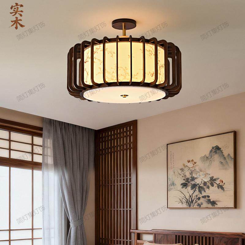 宋代美学实木主卧室吸顶灯民宿房间灯新中式中国风印花布艺过道灯