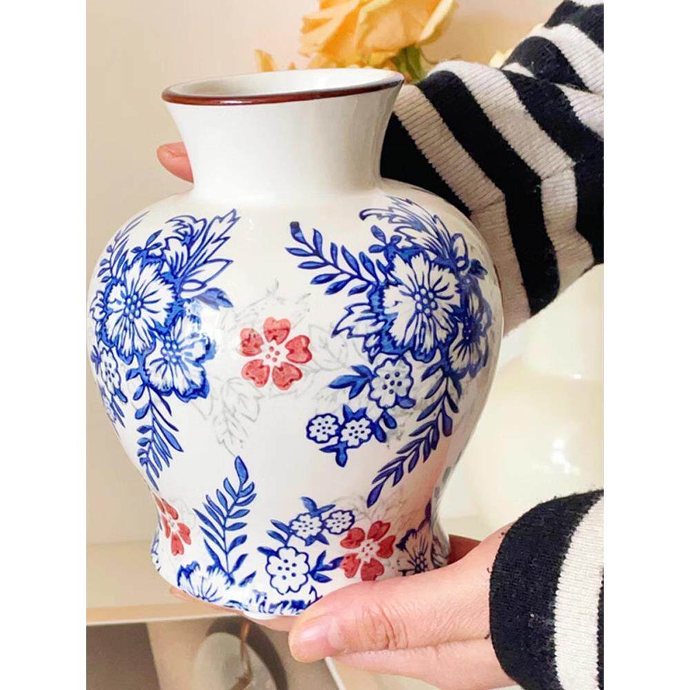 新中国风青花瓷石榴陶瓷花瓶客厅覆古摆件宋代美学水培古董插花