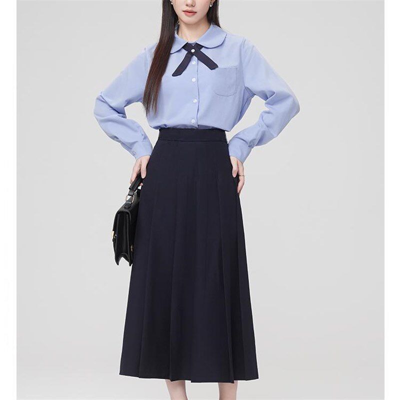 长袖学生衬衫套装百褶半身长裙中长款大码jk制服班服学院风女春秋