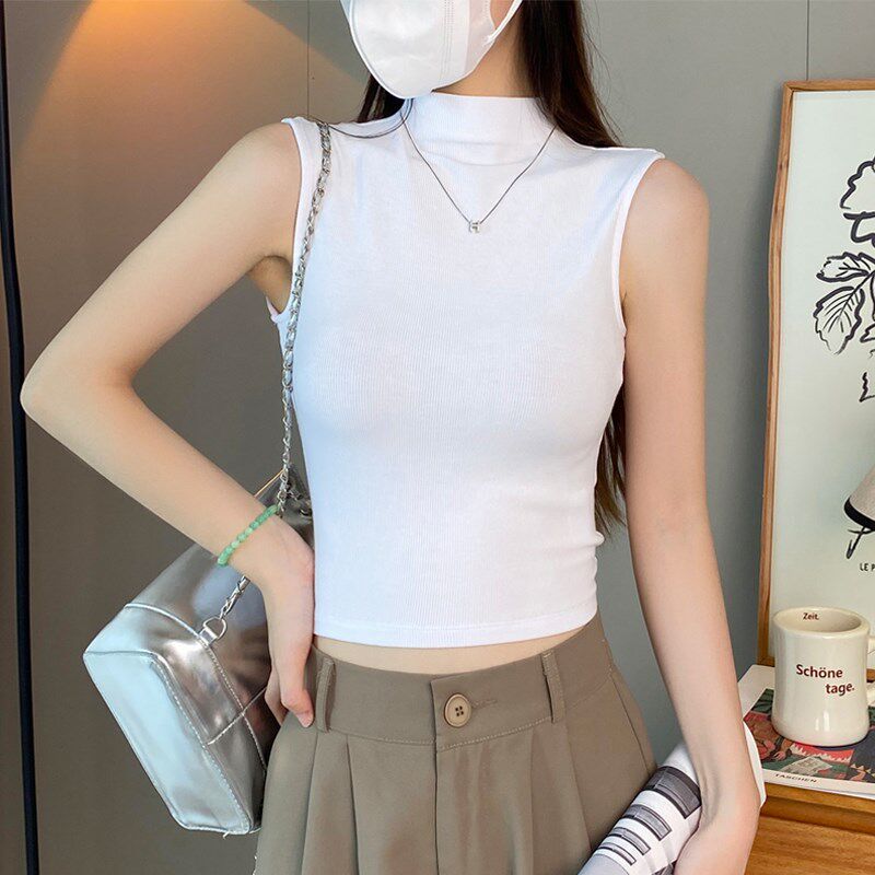 螺纹黑色半高领无袖吊带背心女春夏外穿短款内搭中领紧身打底上衣