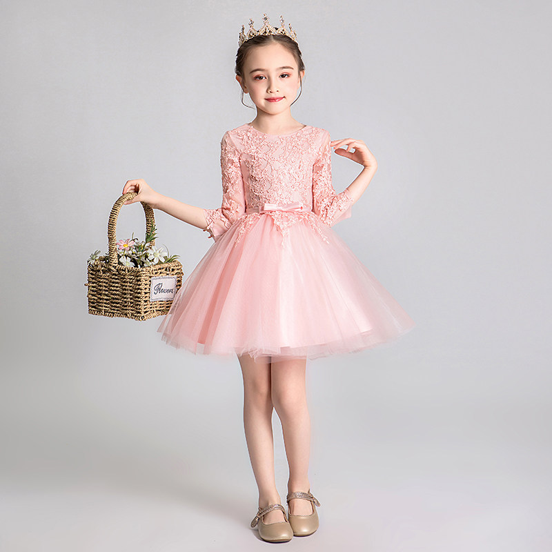 女童礼服公主裙小花童长袖女孩婚纱儿童主持人洋气走秀演出服高端