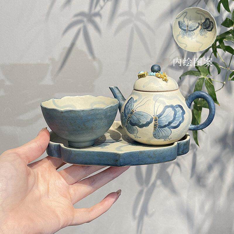 惊蛰 原矿陶泥手绘蓝蝶泡茶壶茶杯一壶一杯旅行茶具套组功夫茶具