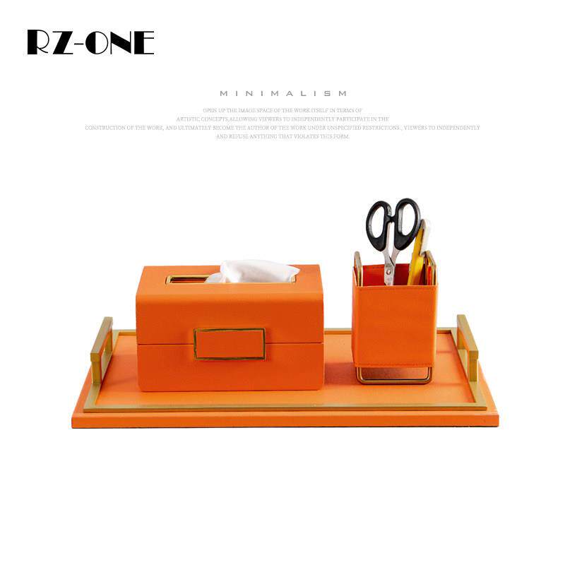 Rzone 现代简约皮质托盘收纳盒纸巾盒笔筒套装橙色样板房间装饰品