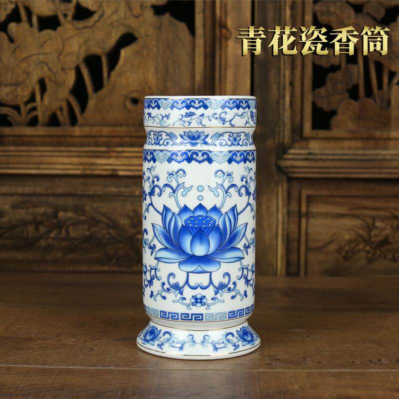 青花瓷香筒家用供佛香桶插花瓶陶瓷竹签香香筒佛堂供瓶装香的香桶