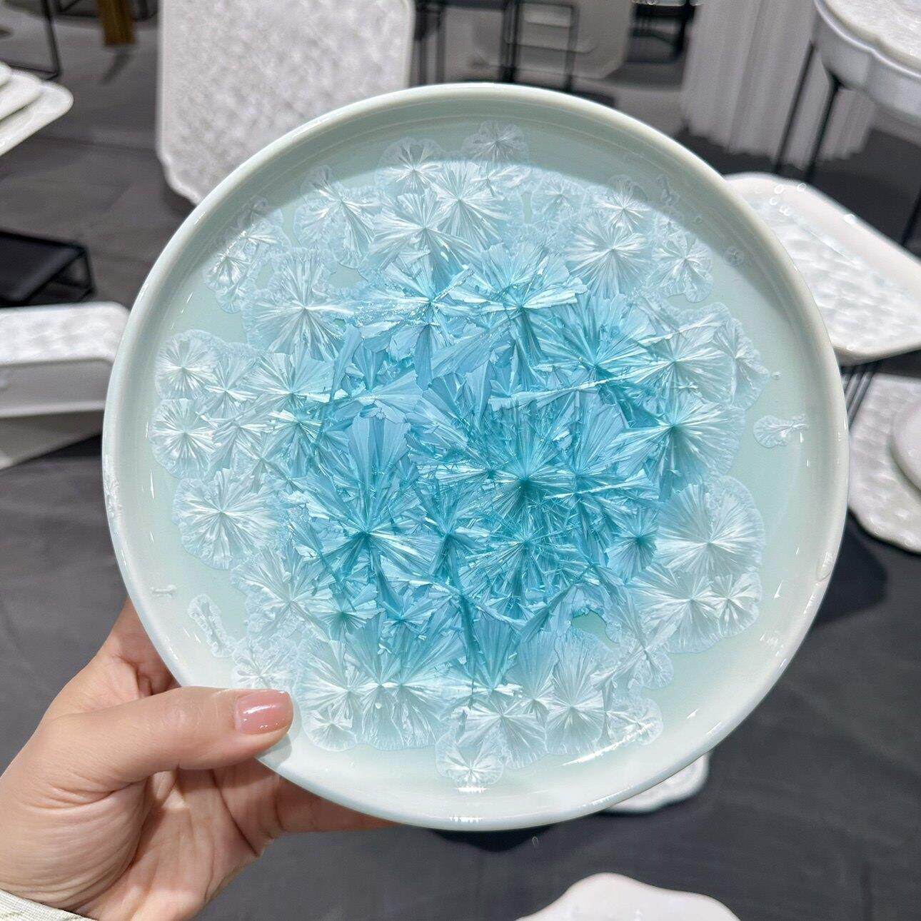 中式陶瓷壶承茶盘茶托窑变蓝冰花茶点盘可当西餐盘平盘浅盘点心盘