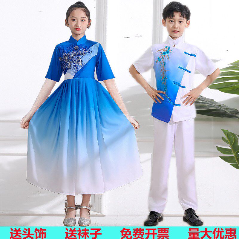 儿童大合唱演出服学生朗诵钢琴演奏礼服女童长裙中国风红歌演出服
