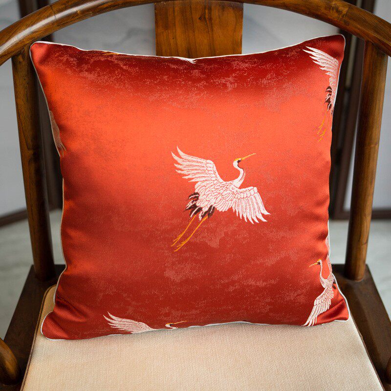 新中式沙发靠垫套腰枕长条抱枕套方形靠包红色仙鹤客厅靠背腰垫