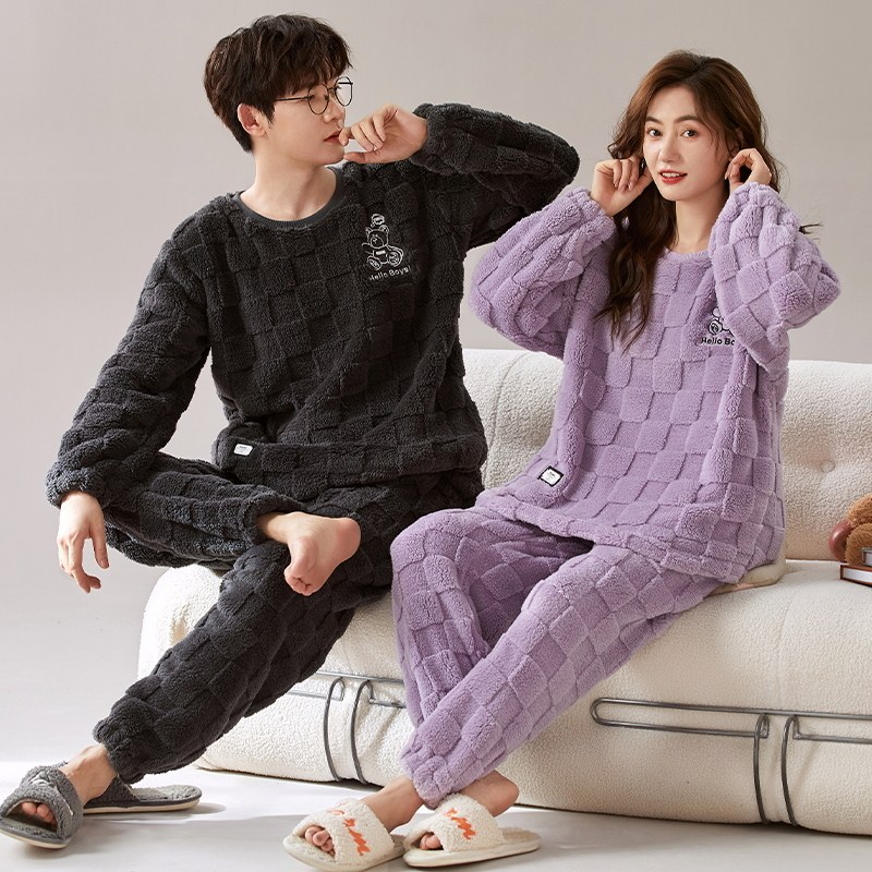 睡衣情侣秋冬季珊瑚绒女款男士套装法兰绒加厚加绒春秋保暖家居服