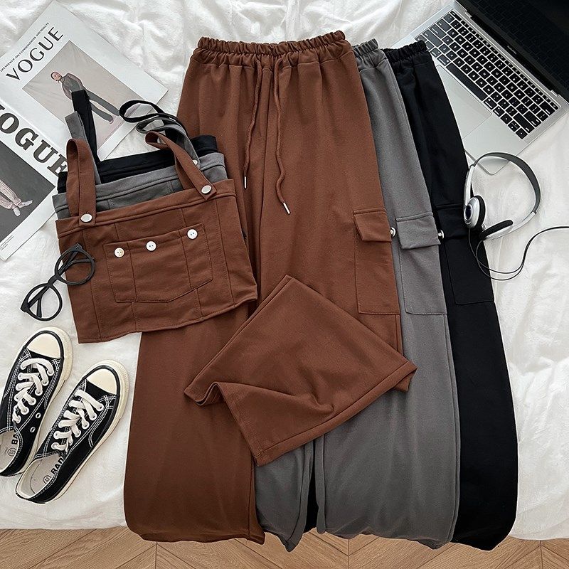 休闲百搭短款吊带背心上衣+抽绳松紧腰工装阔腿裤休闲裤两件套