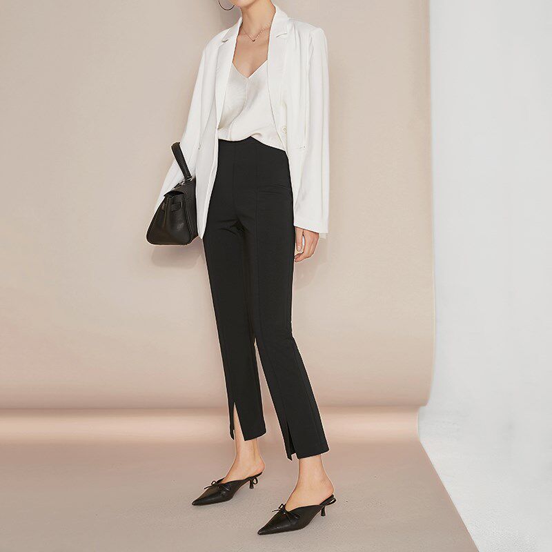 夏莫卡前开叉裤子小个子九分小黑裤直筒弹力显瘦黑色西装裤女838