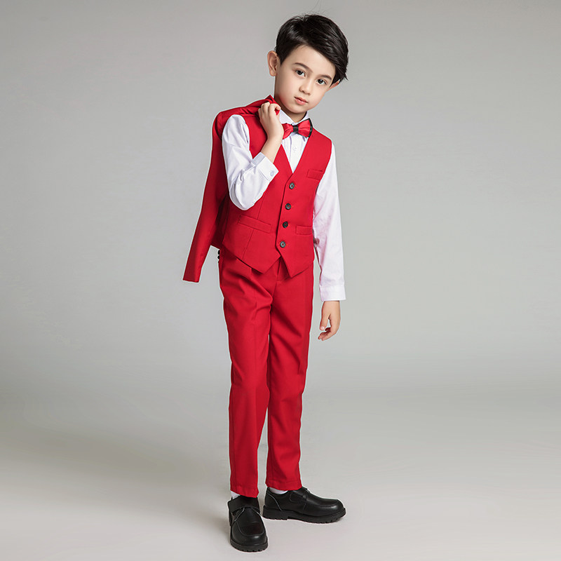 男童小西服男孩马甲套装儿童礼服钢琴演出服模特走秀表演服装红色